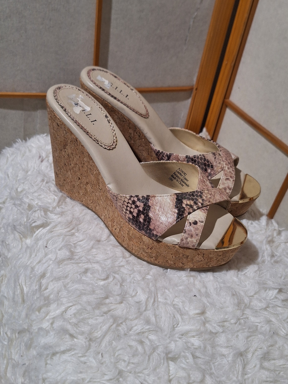 Cork Wedge Sandals in Beige Snake Print